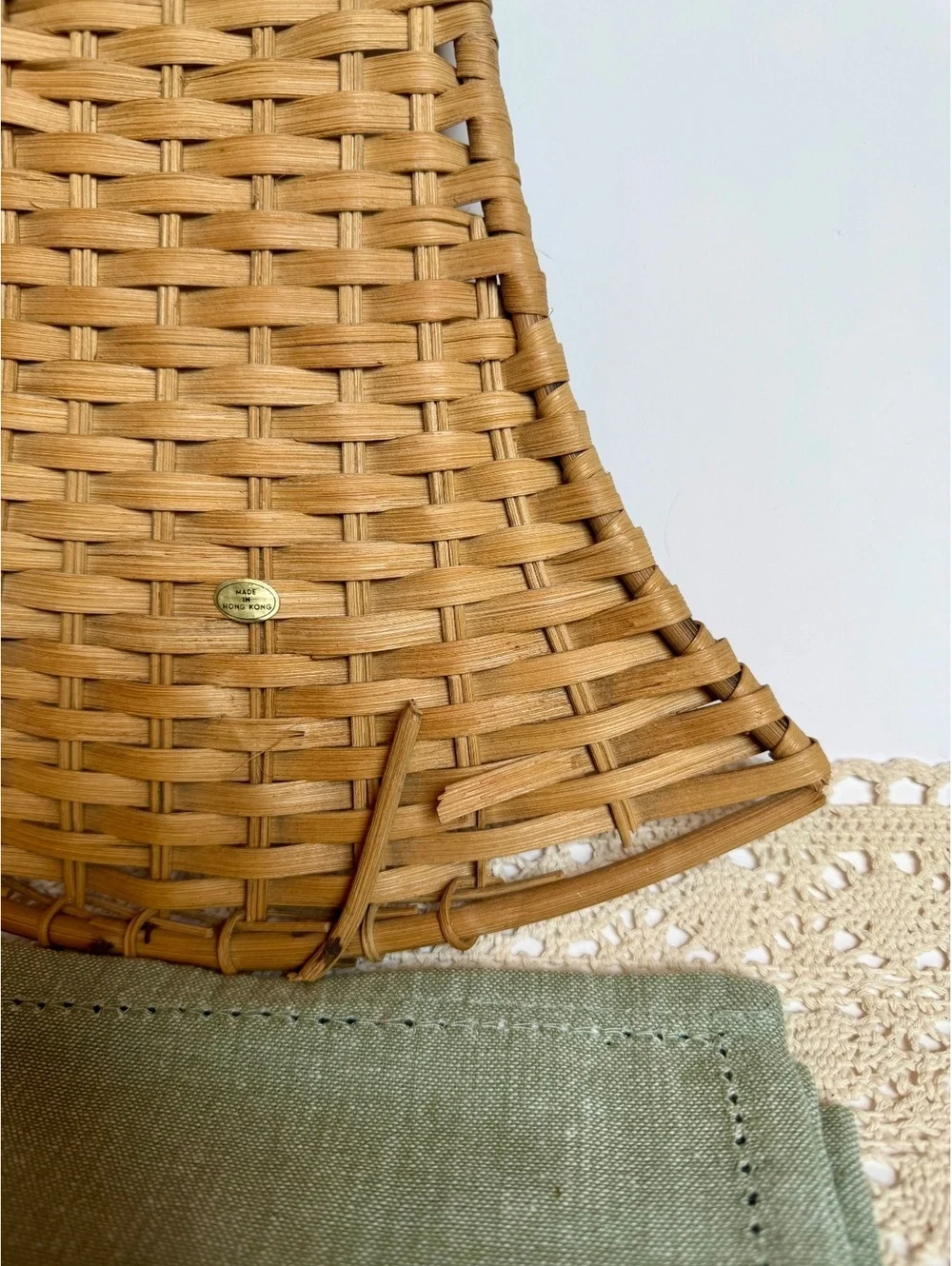 Vintage Wicker Bell Wall Hanging Made in Hong Kong Boho Rattan Wall Decor
